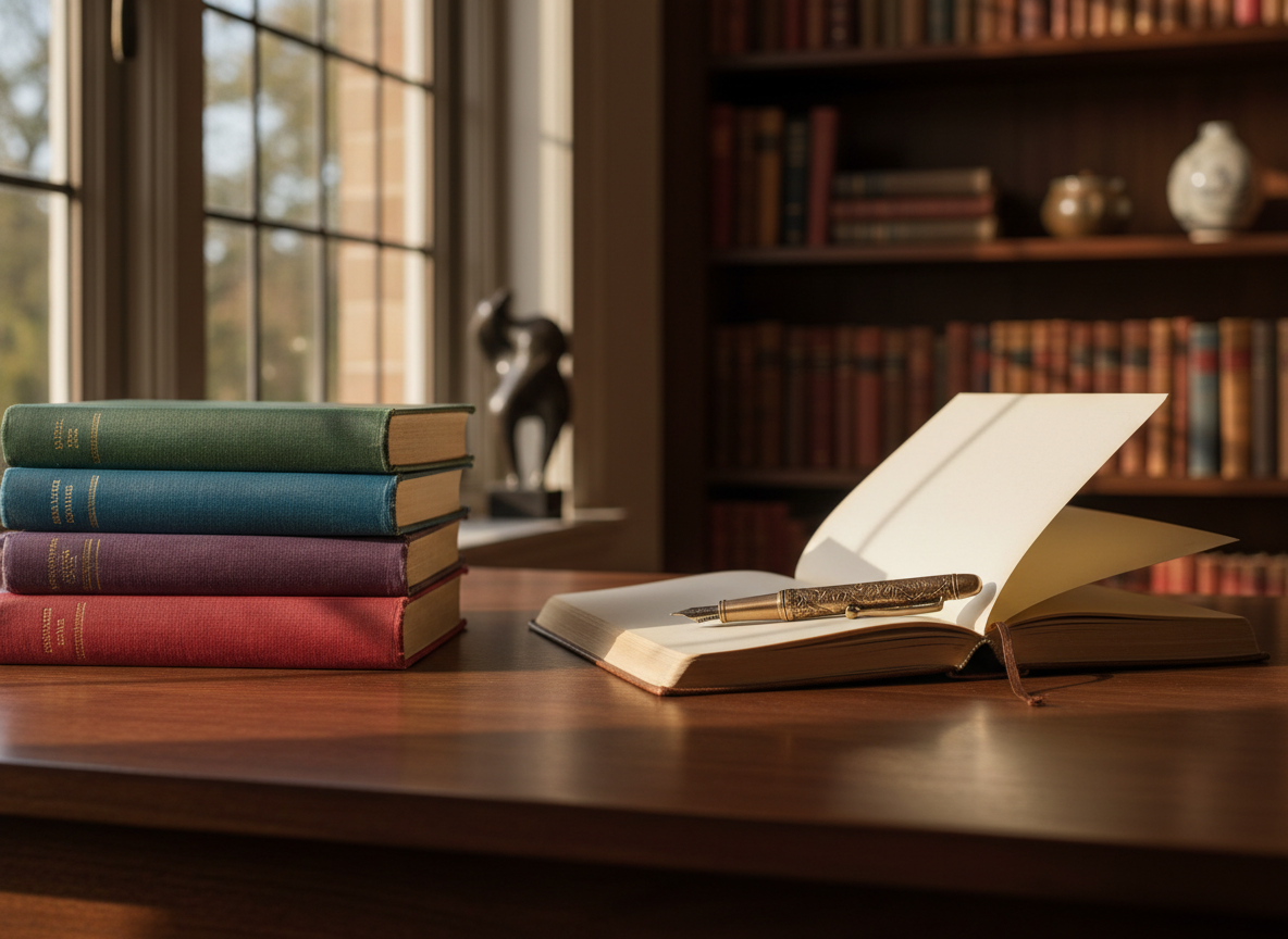 A carefully arranged writing desk devoted to art novels and essays, featuring a stack of elegantly worn hardback books with textured cloth covers in muted jewel tones, a leather-bound notebook opened to a blank page, and an antique metal fountain pen resting diagonally across it. The desk is a dark walnut surface positioned beside a tall window. Late-afternoon natural light pours in, casting long, sophisticated shadows and subtle highlights on the paper grain. In the softly blurred background, shelves filled with more novels and a few small abstract sculptures suggest a cultivated mind. Photographic realism, eye-level composition, with a shallow depth of field that focuses tightly on the open notebook, creating a contemplative, intellectually refined mood.