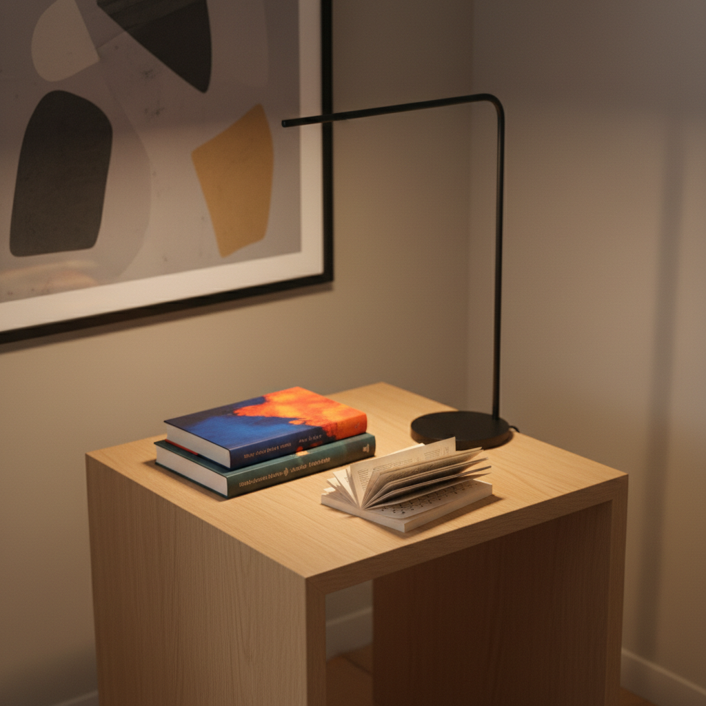 A minimalist reading nook dedicated to art novels, centered on a low, square side table made of smooth, pale oak. On the table lie three carefully arranged novels with striking, abstract cover art and a slim printed essay collection, fanned out to reveal their varied textures and colors. Behind them, a tall, matte-black floor lamp arcs overhead, casting a pool of warm, focused light that illuminates the book spines and creates elegant, soft-edged shadows. The setting is a quiet corner with a neutral-toned wall and a single large framed abstract artwork in the distance, slightly out of focus. Photographic style, shot from a slightly elevated angle, with a calm, sophisticated atmosphere suggesting quiet literary contemplation.