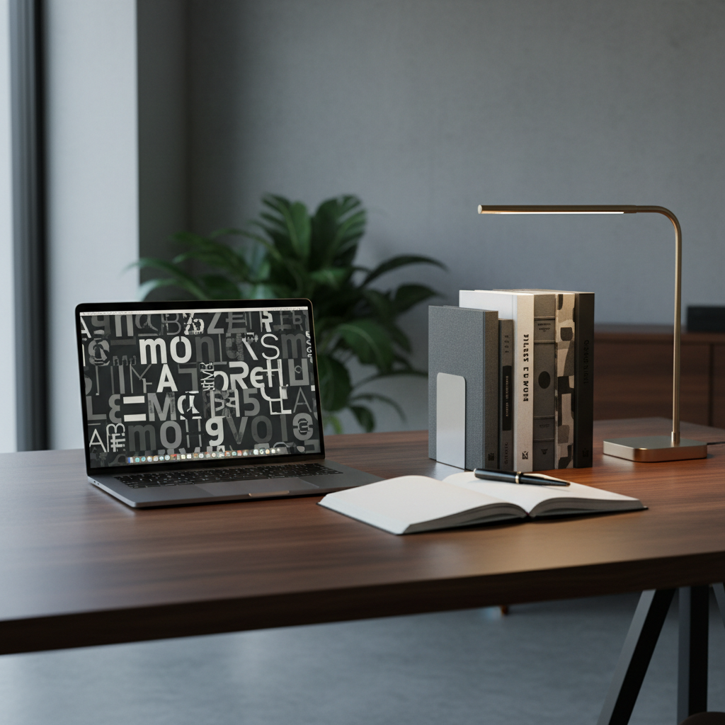 An elegant workspace oriented around a large, ultra-thin laptop displaying an abstract, text-like pattern on its screen, symbolizing digital art essays and blogs without legible words. The laptop rests on a long, dark oak desk with a subtle satin finish. Beside it, a neat row of slender, artfully designed books with textured, monochrome covers leans against a simple metal bookend. A single, blank notebook lies open, its creamy paper inviting thought. Cool, diffused daylight from a large off-camera window bathes the scene, supplemented by the soft glow of a slim desk lamp, creating layered, sophisticated lighting. Photographic style, shot straight on with a slightly wide frame and sharp focus throughout, evoking a modern, cultured, and contemplative atmosphere ideal for serious writing and reading.