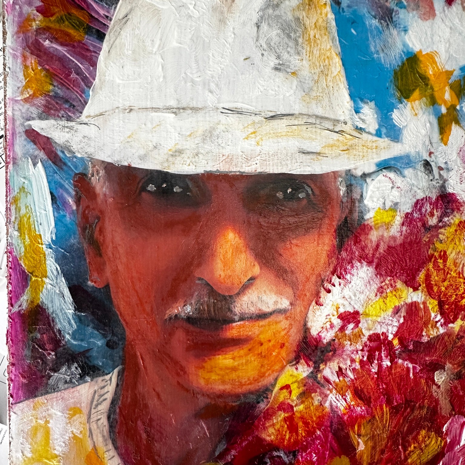 Portrait in a white hat, studio painting